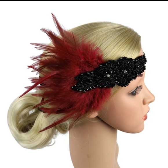 Rhinestones & Feather Headband New 1920's Style Black /Wine - Picture 5 of 7
